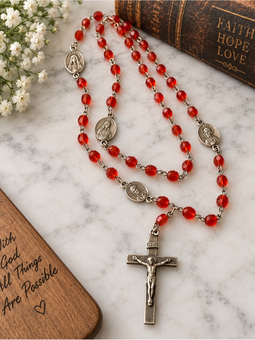 Vintage Red Beaded Catholic Rosary Multi Saint Medals Silver Tone Crucifix